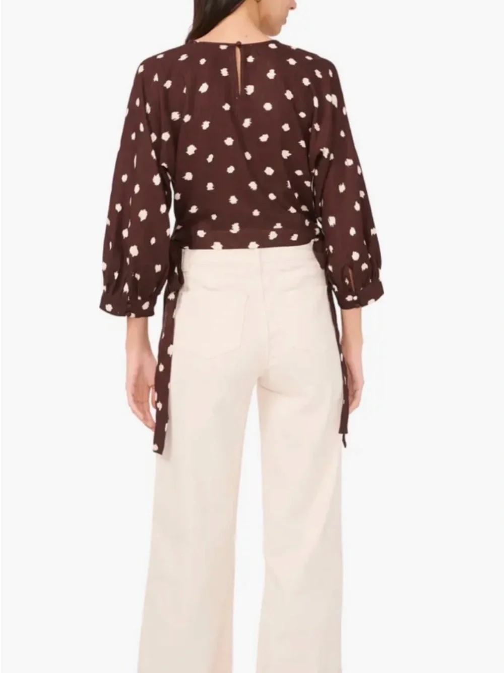 1.STATE Polka Dot Brown & White Side Ties Cropped Rayon Linen Top Size XS - Picture 11 of 12